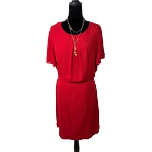 Banana Republic Red Pleated Dress Flutter Sleeve Belted Workwear Midi L